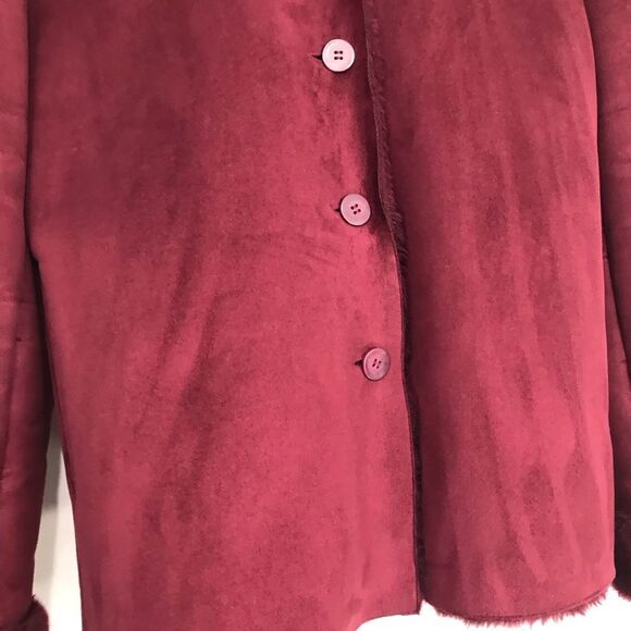 Maroon Faux Suede Burgundy Faux Fur Lined Button Up Holiday Jacket - Picture 4 of 16